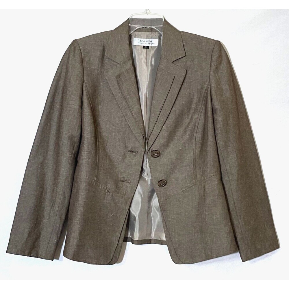 Tahari Double Lapel Blazer Women 6 Dark Tan Linen Blend Lined Heather Pattern